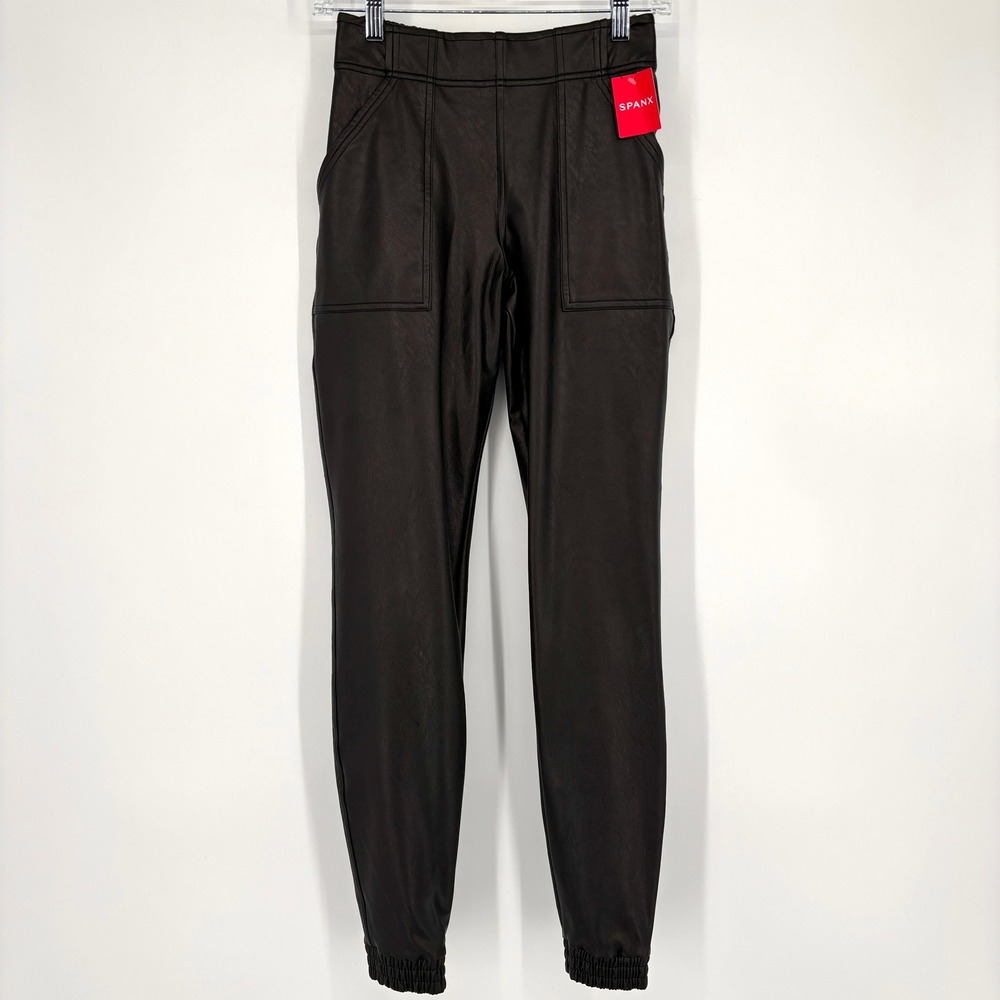 NWT Spanx Faux Leather Jogger Pants Skinny Leg Elastic Cuff High Rise Black XS - Picture 2 of 12